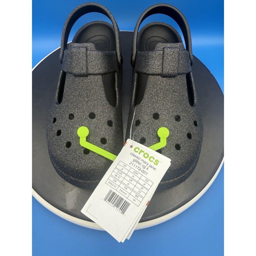 CROCS Kids Classic Black Glitter Mary Jane Clogs Size Junior 4 Slip On Sandals‎ - Picture 5 of 8